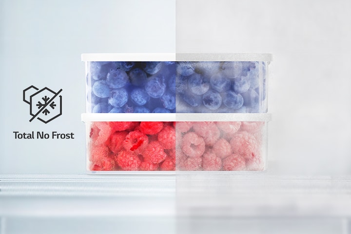 Gambar menunjukkan blueberry dan raspberry dalam kotak plastik, separuhnya beku, separuhnya lagi tidak.