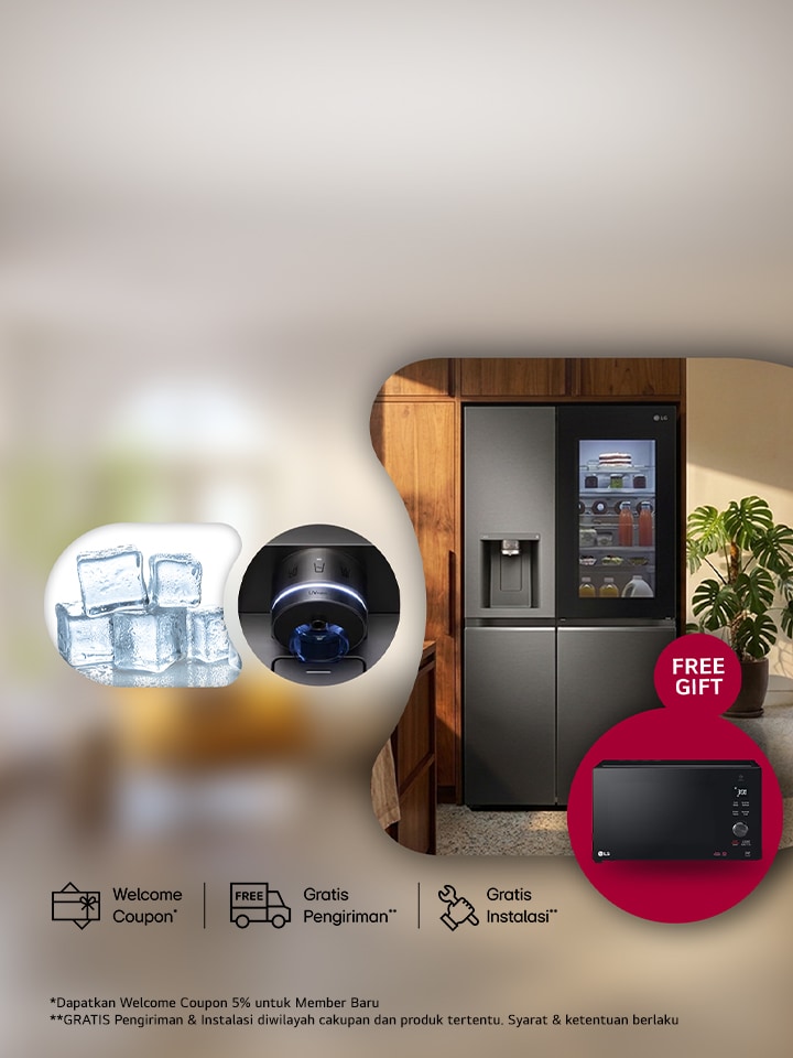 Text: Kulkas Pilihan LG Auto Ice Maker GRATIS Microwave
