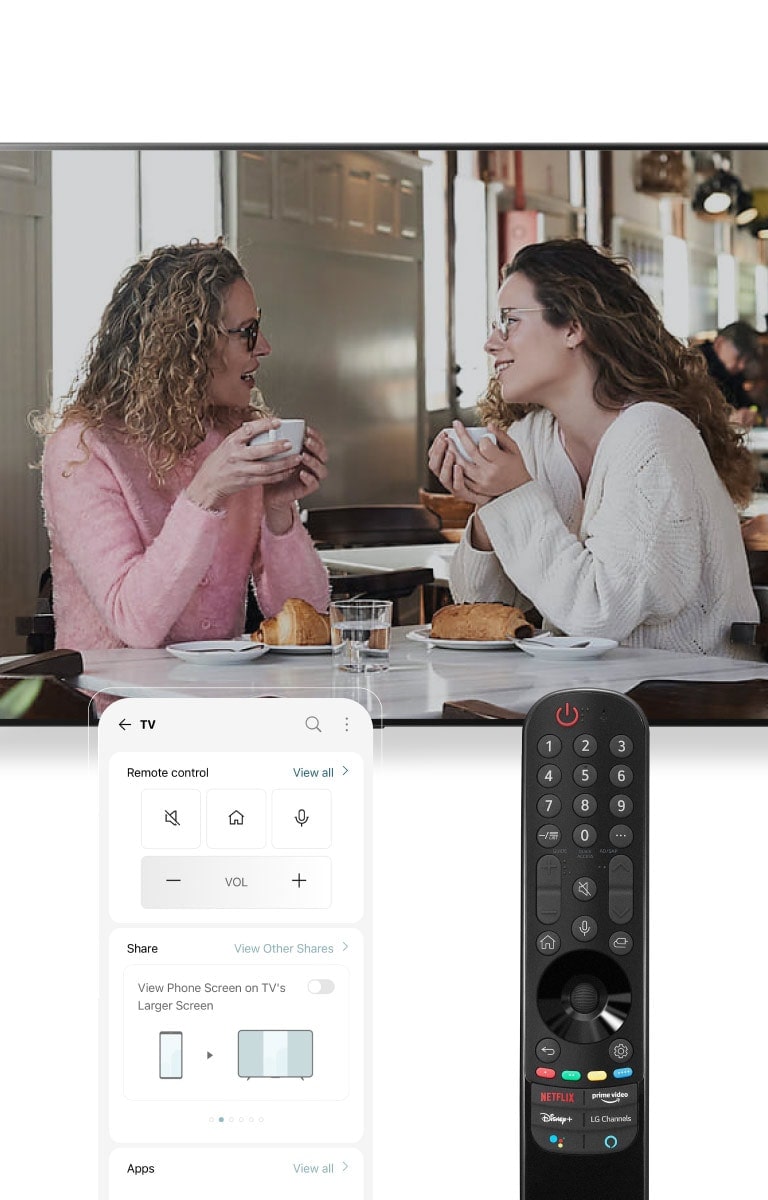 Image shows two women having a conversation over coffee. Next to the woman on the left is a smartphone, while next to the woman on the right is a remote control.