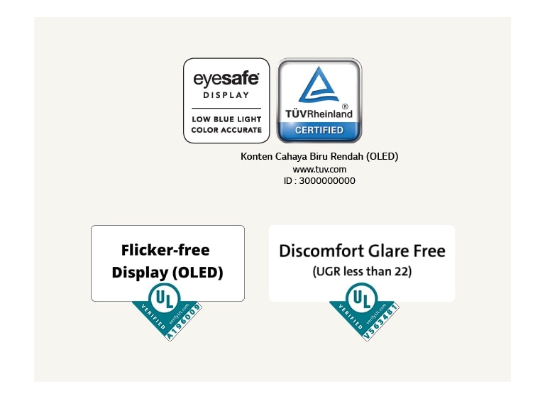 Logo sertifikasi Eyesafe® dan TÜV Rheinland tentang cahaya biru rendah. Logo verifikasi Underwriter Laboratories tentang layar bebas flicker.  Logo verifikasi Underwriter Laboratories tentang bebas silau tidak nyaman.