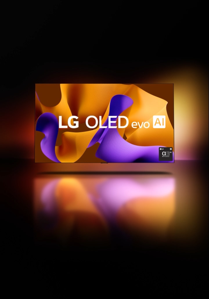 A video opens with 2013's Self Lit OLED and showcases other groundbreaking LG OLED models: the 2017 Wallpaper TV, 2020's rollable LG OLED R, 2022's LG OLED Posé, and ends with 2024's LG OLED evo, which displays a purple and orange abstract artwork, the text "LG OLED evo," and the alpha 11 AI Processor logo. The colors reflect from the screen onto the floor.