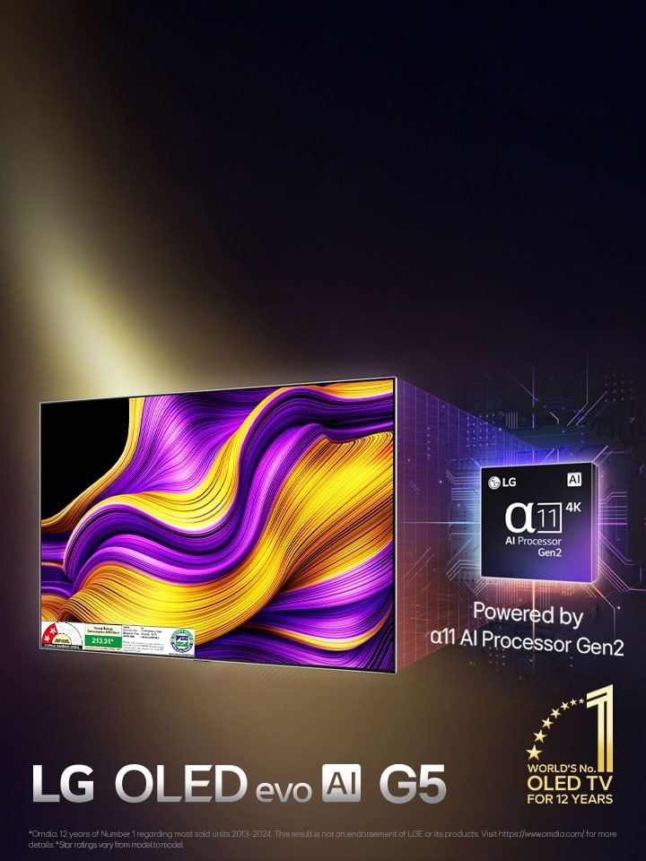On the screen of an LG OLED evo AI TV is an abstract image with impressive detail, color, and contrast. A magnified version of the alpha 11 AI Processor Gen2 is behind the TV. It glows with light illuminating the microchip circuits around it. The title reads LG OLED evo AI. Text is also visible, powered by LG alpha 11 AI processor Gen2. A gold logo with stars is in the corner that reads, world's number one OLED TV for 12 years.
