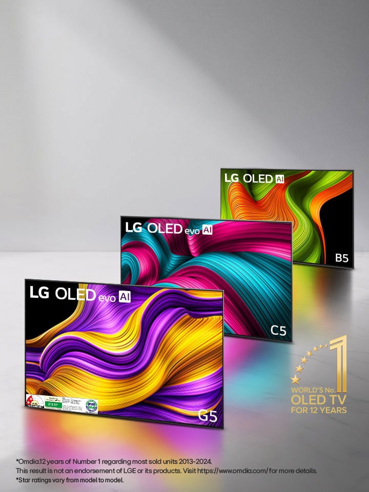 Lineup of three LG OLED evo AI TVs in formation, the C5, G5, and B5 TVs. The World’s number one OLED TV for 12 years emblem is at the corner.