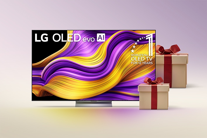 LG TV with LG OLED evo AI 2025 and the World's No. 1 OLED TV for 12 years emblem on its screen. Beside it are wrapped gifts.
