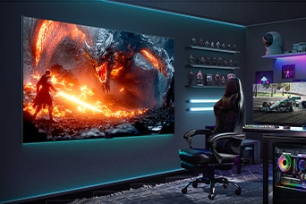 Game room with a wireless gaming setup. LG True Wireless TV is wall-mounted with a high-resolution game on its screen. PC, gaming chair, toys, and neon mood lights are also visible.