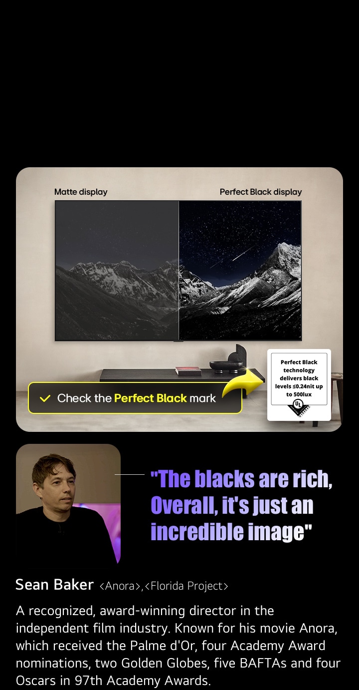 Wall-mounted LG OLED TV. On its screen is a mountain range against an evening sky filled with stars. The screen is split in half. On one end labeled Non Perfect Black display, the colors are dull and gray, the stars are hardly visible. On the other end labeled Perfect Black display, the blacks are deep and dark, the stars are bright and white, resulting in a very pleasing picture with high contrast.