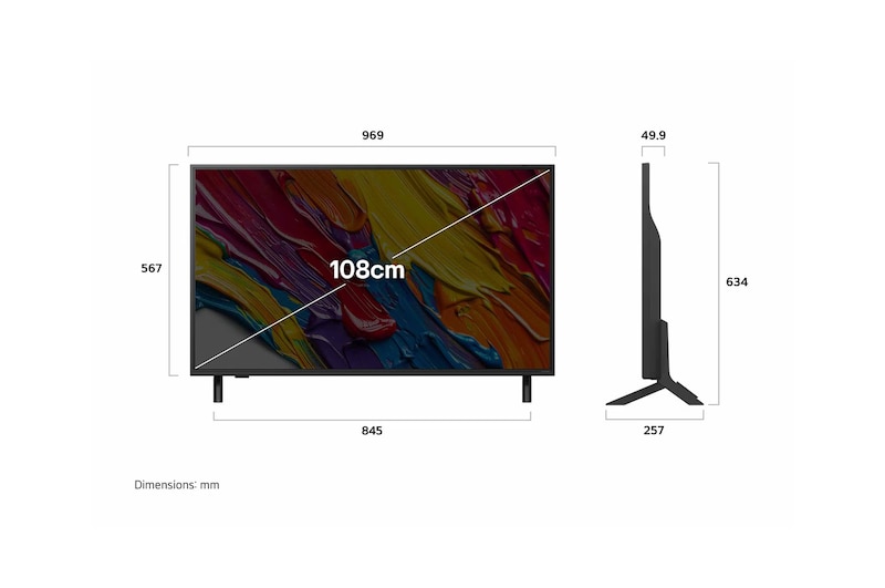 Front view and side view of LG QNED82 AI 4K Smart TV showing its length, width, height, and depth dimensions.