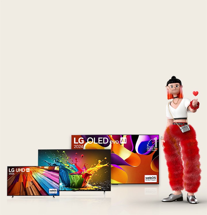 An animated female figure making a heart with her hands is next to three OLED/QNED TVs: the first is an LG OLED TV, the second is an LG QNED TV on a stand, and the third is an LG OLED TV M4 with a 2-pole stand. To the left are the words "How do I choose the best TV?" and a red button with the words "Learn More".	
