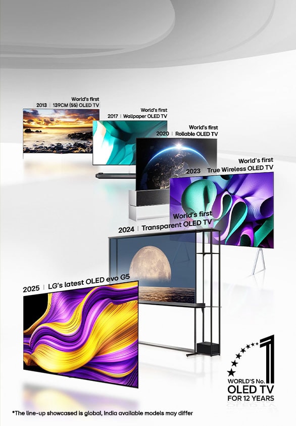 A series of OLED products lined up in formation. The World's Number One OLED TV For 12 Years emblem is also visible.