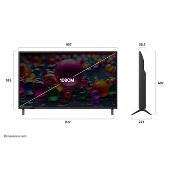 Front view and side view of LG UHD AI UA75 4K Smart TV showing its length, width, height, and depth dimensions.