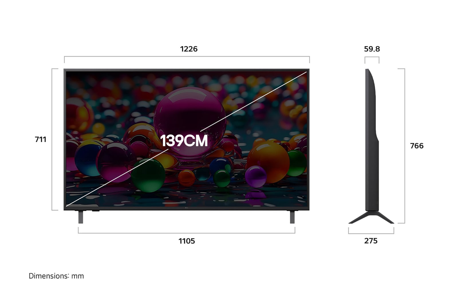 Front view and side view of LG UHD AI UA83 4K Smart TV showing its length, width, height, and depth dimensions.