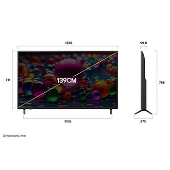 Front view and side view of LG UHD AI UA83 4K Smart TV showing its length, width, height, and depth dimensions.