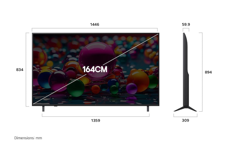 Front view and side view of LG UHD AI UA75 4K Smart TV showing its length, width, height, and depth dimensions.