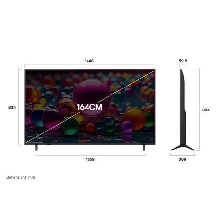 Front view and side view of LG UHD AI UA82 4K Smart TV showing its length, width, height, and depth dimensions.