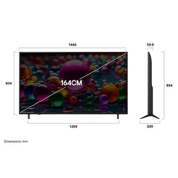 Front view and side view of LG UHD AI UA82 4K Smart TV showing its length, width, height, and depth dimensions.