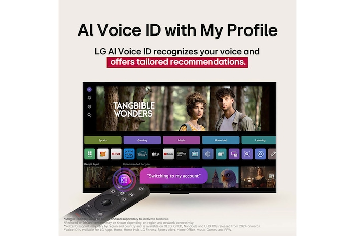 LG TV screen with an AI Magic Remote on the foreground. The AI button is highlighted and a speech bubble shows text, suggest a movie I like. On the screen we see the user icon E, indicating how AI Voice ID was able to identify which user it was and give personalized recommendations just based on their voice.