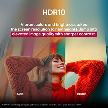 A photo of a girl in a red sweater split down the middle to show the left side in SDR and the right side in HDR10 Pro. The right side of the image is more sharp and in contrast in comparison to the left side of the image. The title talks about how HDR10 Pro provides elevated image quality and sharper contrast.