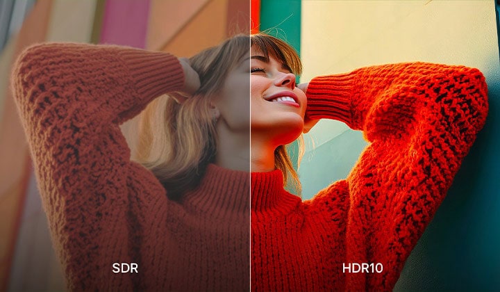 A photo of a girl in a red sweater split down the middle to show the left side in SDR and the right side in HDR10 Pro. The right side of the image is more sharp and in contrast in comparison to the left side of the image.