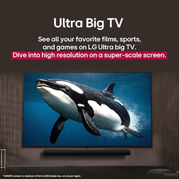 LG TV with an impressively large screen mounted on a wall above a LG Soundbar in a modern style living room.