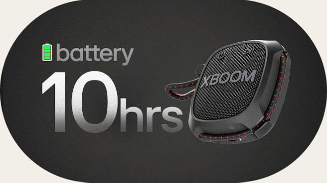 LG XBOOM Go XG2 standing in infinite space and shows 10 hours of battery life.