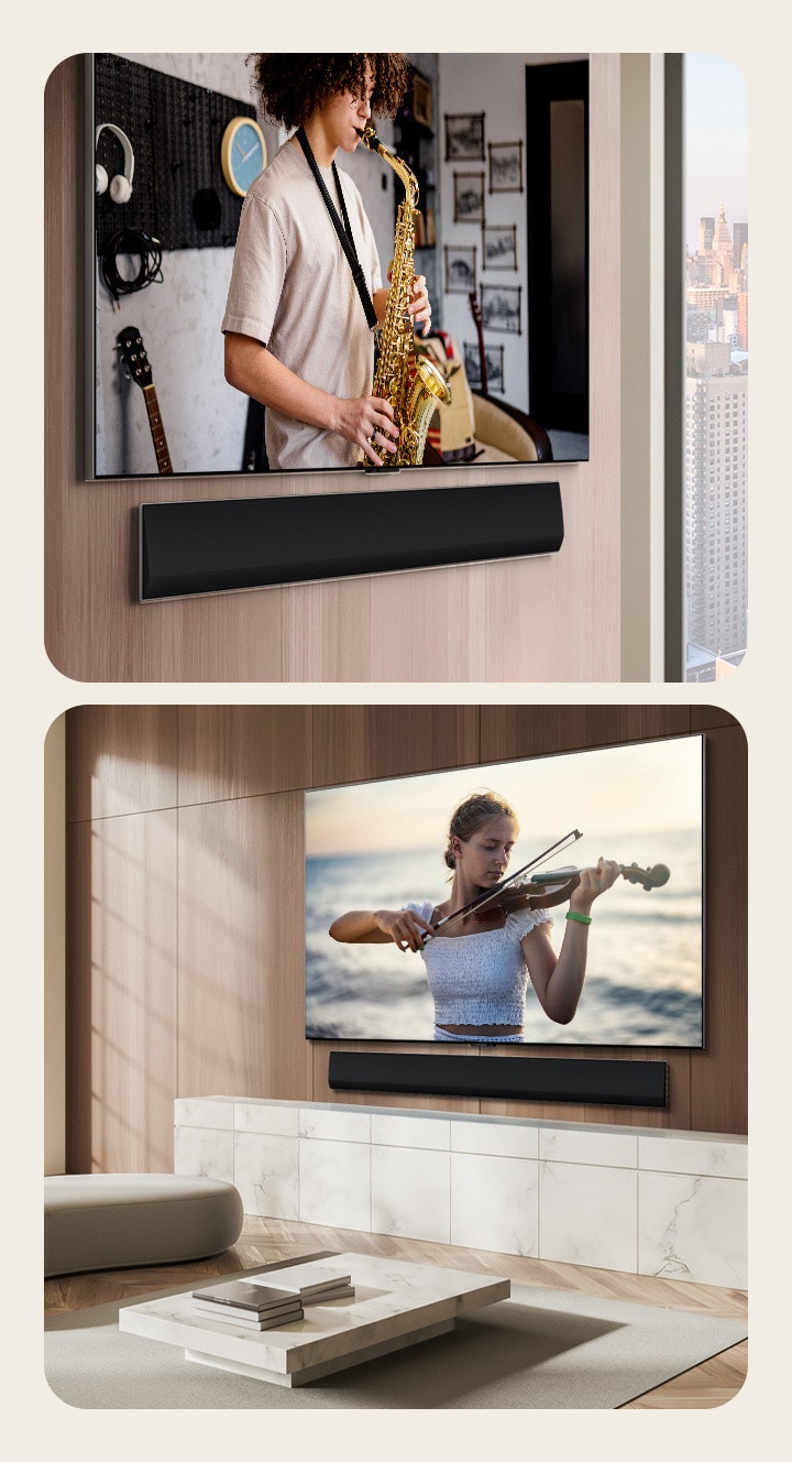 An angled perspective of an LG Soundbar and LG TV mounts against the wall, showing a trumpet performance on the screen. LG Soundbar and LG TV on the wooden wall of an apartment, showing a woman playing violin at the sea.