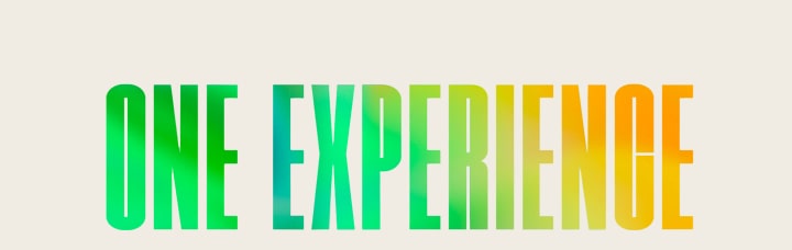 The words 'ONE EXPERIENCE' in a green and yellow gradient pattern.