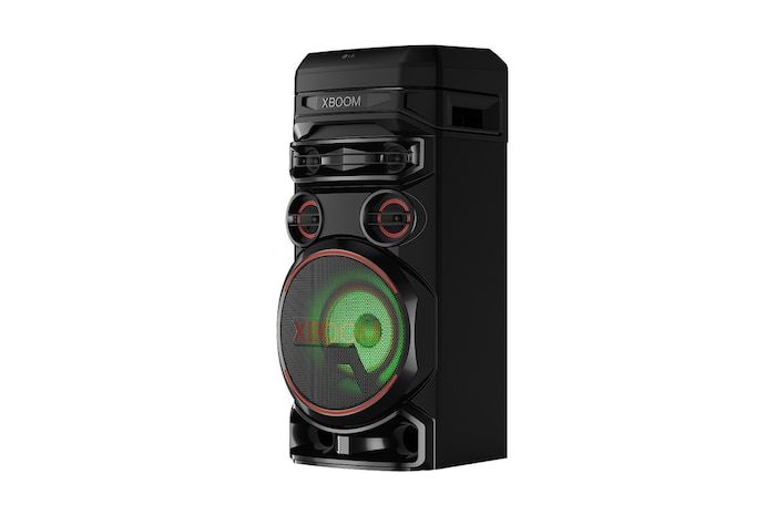 LG RNC7 Party Speaker - XBOOM left 30 degree view with green lighting