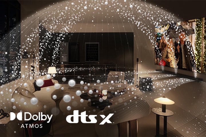 "A movie plays on an LG OLED TV and LG Soundbar in a modern city apartment in a side angle view. White beads depicting sound waves project upwards and downwards from the Soundbar and TV, creating a dome of sound in the space.  Dolby Atmos logo DTS X logo"	