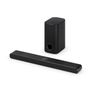 Top angled view of LG Soundbar S77TY and subwoofer