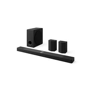 45-degree side angle view of Soundbar, subwoofer, and Rear Speakers