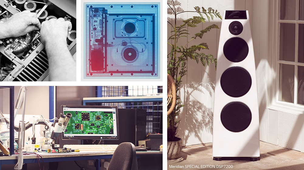 Collage. Clockwise from top-left: two images of Meridian internal hardware, a white Meridian speaker, and Meridian R