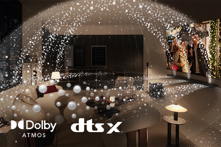 A movie plays on an LG OLED TV and LG Soundbar in a modern city apartment in a side angle view. White beads depicting sound waves project upwards and downwards from the Soundbar and TV, creating a dome of sound in the space.  Dolby Atmos logo DTS X logo