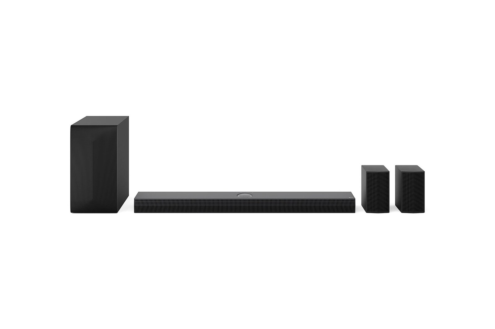 Front view of LG Soundbar SQ75TR, subwoofer, and Rear Speakers