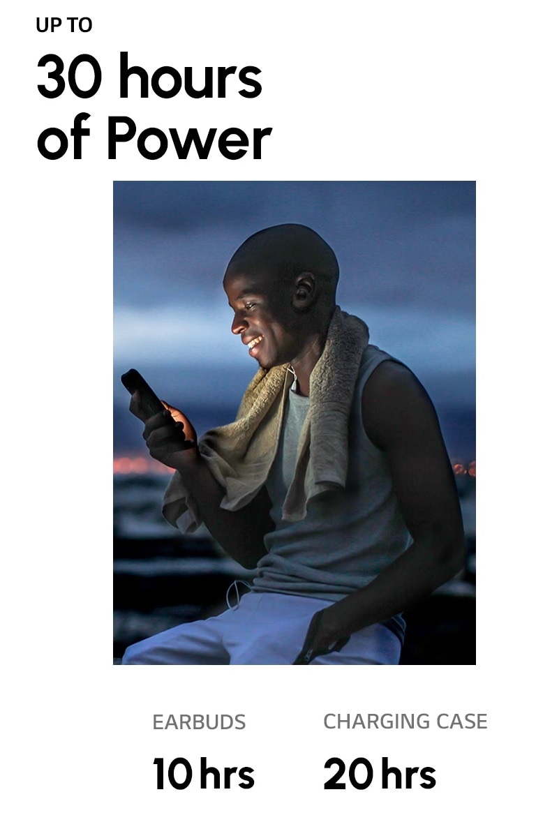 LG TONE-TF7Q A man wearing the TONE Free fit and looking at his smartphone. The sky is dark as he just finished his evening workout. A woman wearing TONE Free fit earbuds is catching her breath in sunny weather.