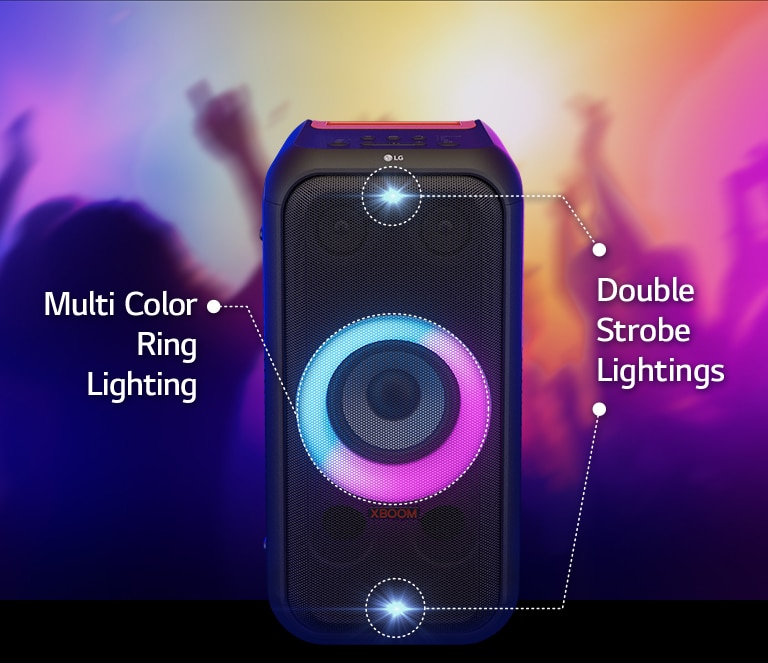 LG XL5S Front view of the speaker. There is a line to inform each part of the lighting. On top and bottom, double strobe lighting. In the middle, pink and cyon gradient multi color ring lighting is on.