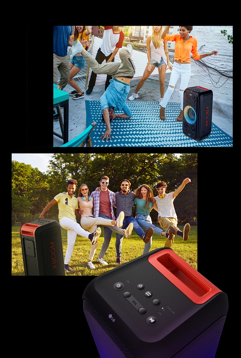 LG XL5S From top to bottom: There are some people dancing around the speaker. In the park, a group of people enjoying music with the speaker. The last image shows the close up of the product's top.