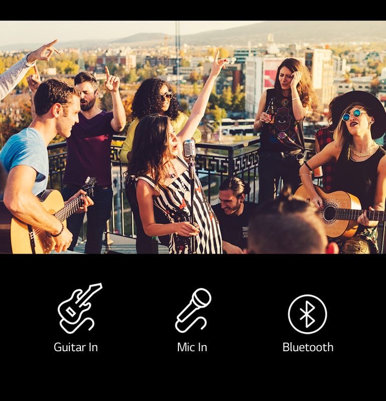 There are people enjoying acoustic concert with LG XBOOM XL9T. Below the image, there are guitar, microphone and bluetooth icons are shown.