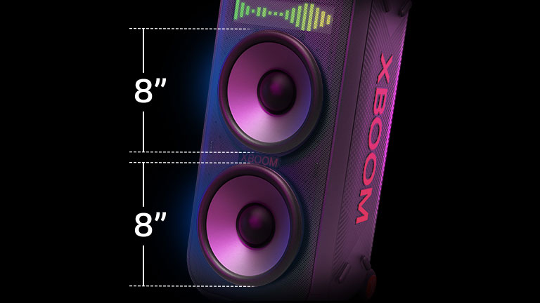 Close-up of 8-inch giant woofers. On the left, 8" is written, on top of the speaker, a sound eq is displayed.