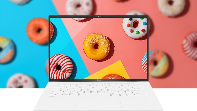 It shows the DCI-P3 99% (Typ.) wide color gamut with vivid and colorful donuts on the screen.