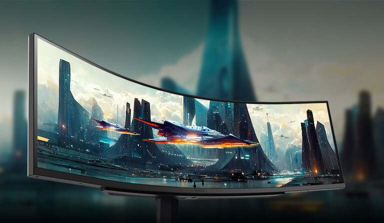 LG 49GR85DC-B The 49-(124.46cm) Dual QHD (5120x1440) ultrawide curved monitor with a 32:9 aspect ratio displays much more screen space for the gaming scene.