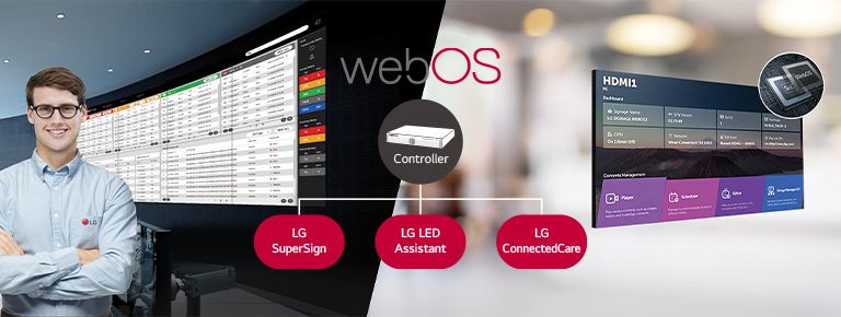 The LG employee is remotely monitoring the LSBE series installed in a different place by using a cloud-based LG monitoring solution. System controller with webOS enables LSBE series to be compatible with LG software solutions.