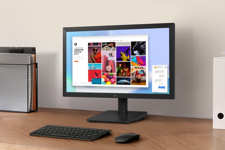The image shows a 19.5" LG monitor on a desk, displaying creative content, designed for a comfortable working environment.
