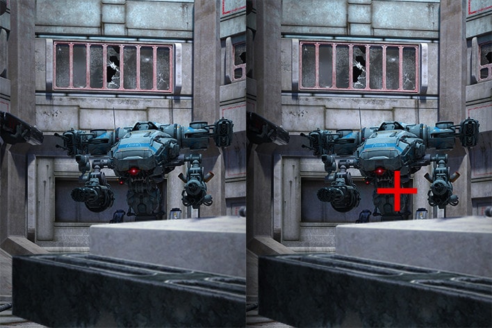 The image shows a comparison of gaming with and without Black Stabilizer. This feature helps gamers detect enemies in dark areas and quickly react to bright flashes.