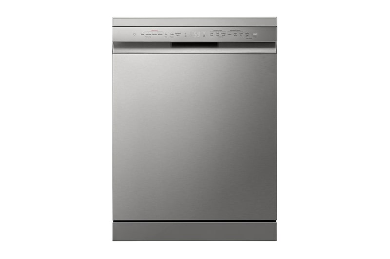 Front view of LG Dishwasher, TrueSteam™, 15 Place Setting, QuadWash™, ThinQ™ (Wi-Fi), Auto Open Door, Prime Silver DFB435FV