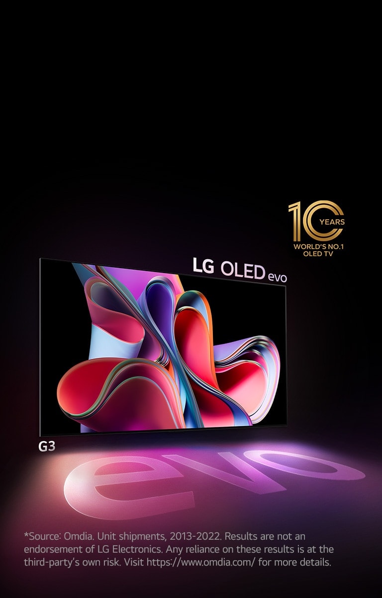 An image of LG OLED G3 against a black backdrop showing a bright pink and purple abstract artwork. The display casts a colorful shadow that features the word &quot;evo.&quot; The &quot;10 Years World's No.1 OLED TV&quot; emblem is in the top left corner of the image. 