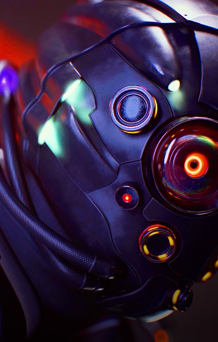 Close up shot of a sci-fi game character wearing a helmet with circular features.