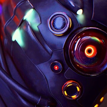 Close up shot of a sci-fi game character wearing a helmet with circular features.