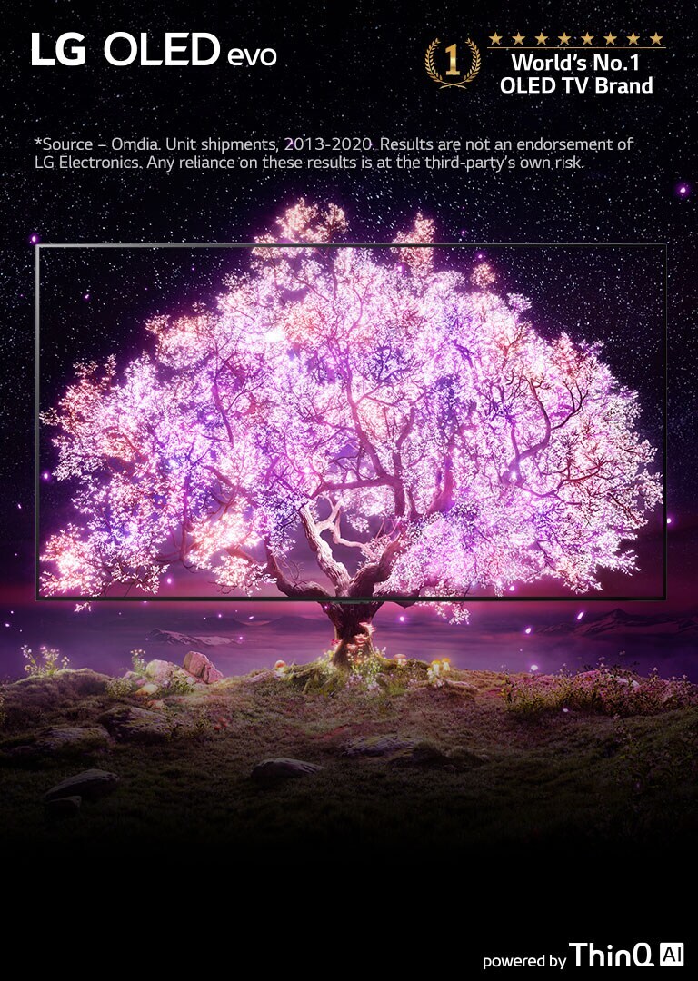 An image of a large tree illuminated in pink light against a dark starry backdrop. The tree is framed by TV bezels indicating OLED’s true-to-life picture quality.