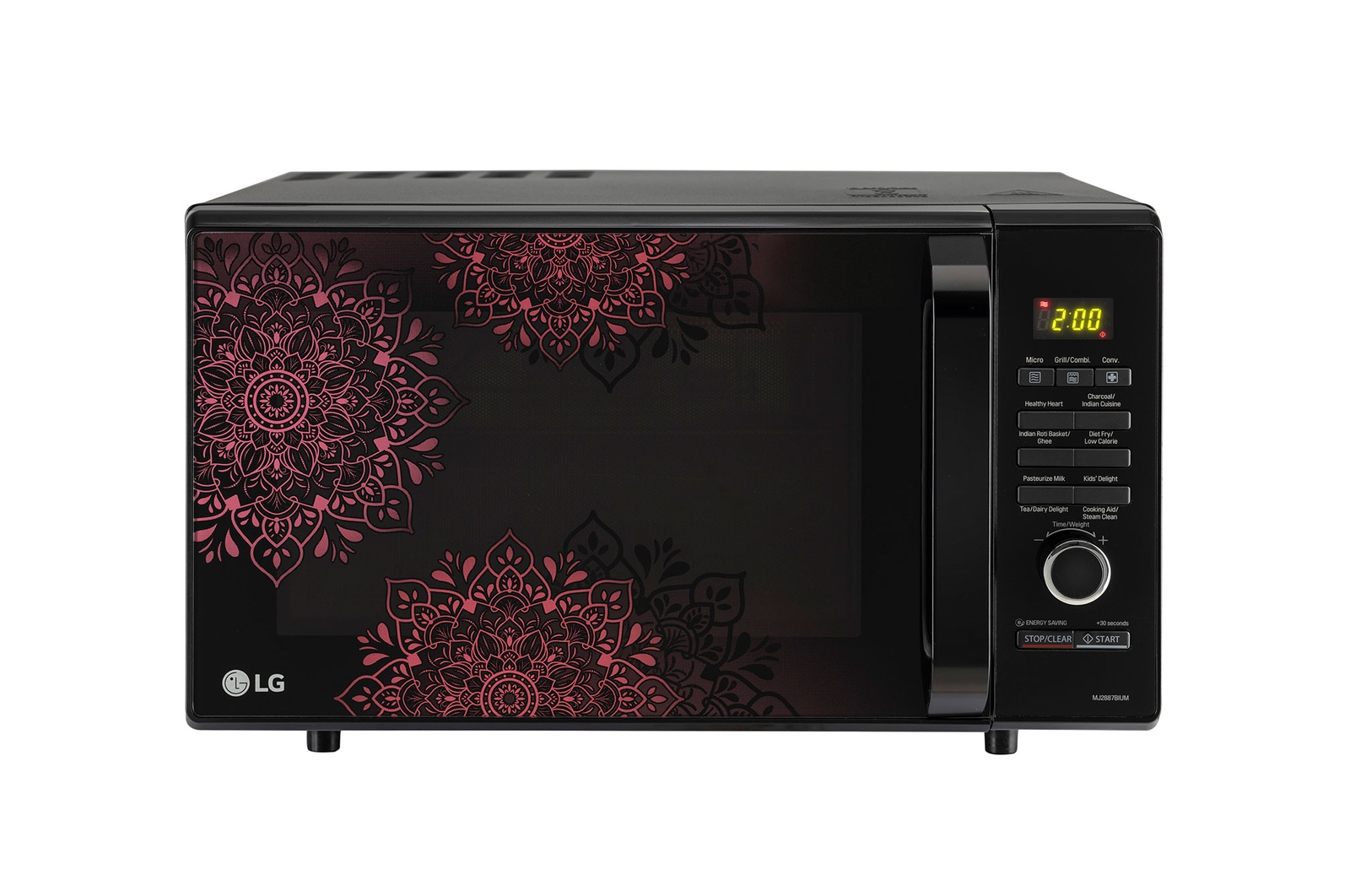 Front view of LG 28 L All-In-One Convection Microwave Oven with 271 Auto Cook Menu, Quartz Heater, Diet Fry™, Black MJ2887BIUM