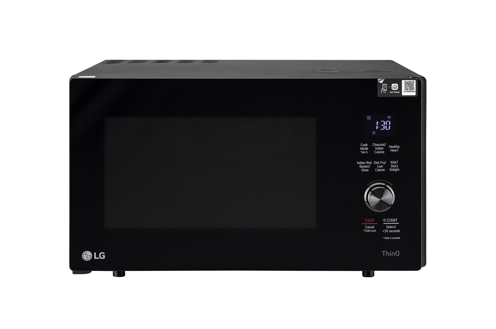 Front view of LG 28 L Scan-To-Cook Charcoal Microwave Oven with Healthy Heart™, Charcoal Lighting Heater, Motorised Rotisserie, Black MJEN286UFW